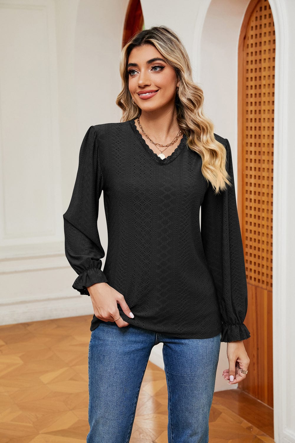 Dark Slate Gray V-Neck Flounce Sleeve Blouse