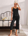 Gray V-Neck Lace Trim Slit Cami and Pants Pajama Set