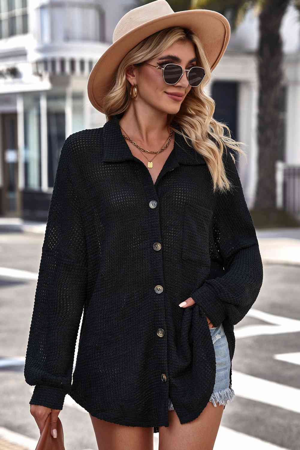 Gray Waffle-Knit Collared Neck Dropped Shoulder Shirt