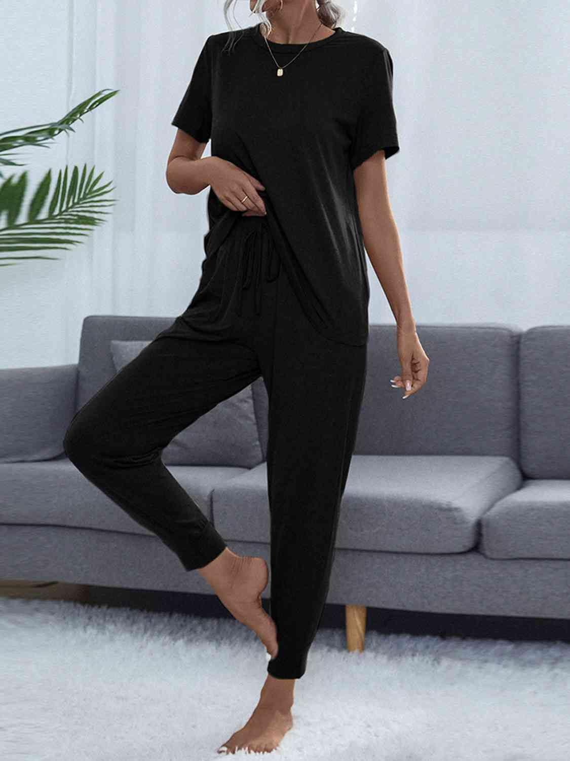 Dark Slate Gray Round Neck Short Sleeve Top and Pants Set