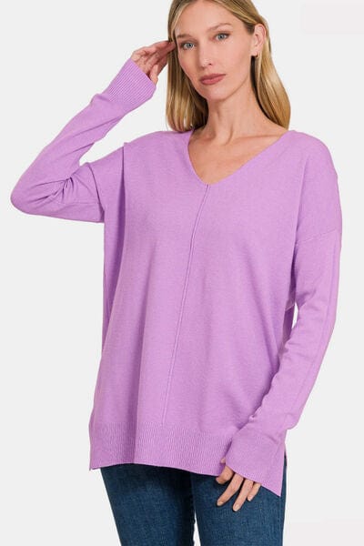 Thistle Zenana Slit V-Neck Dropped Shoulder Sweater