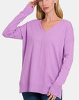 Thistle Zenana Slit V-Neck Dropped Shoulder Sweater