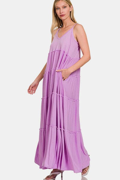 Lavender Zenana Frill Tiered V-Neck Maxi Cami Dress