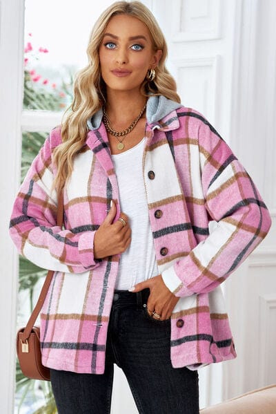 Light Gray Button Up Plaid Hooded Jacket