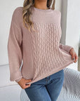 Gray Cable-Knit Round Neck Long Sleeve Sweater