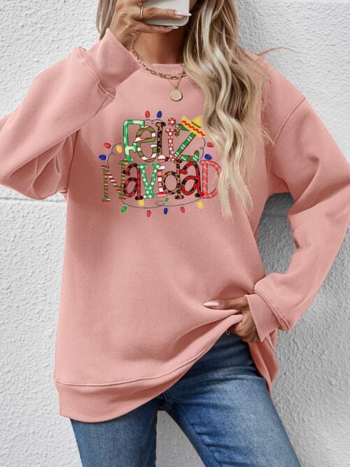 Rosy Brown FELIZ NAVIDAD Round Neck Drop Shoulder Sweatshirt