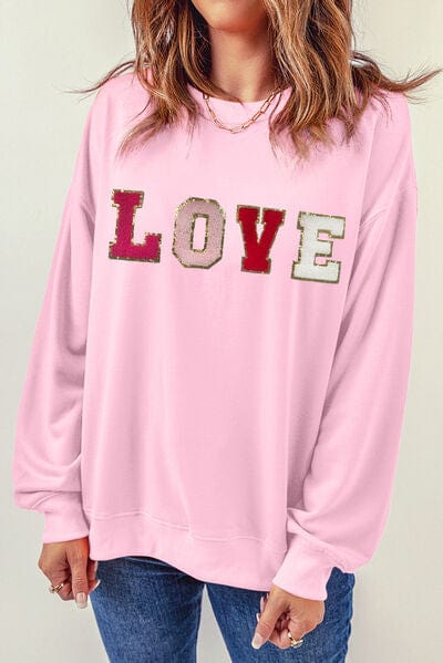 Pink LOVE Round Neck Dropped Shoulder Sweatshirt