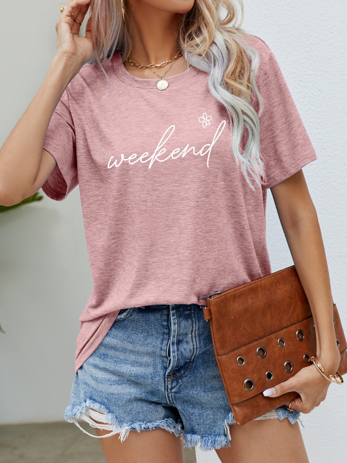 Rosy Brown WEEKEND Flower Graphic Short Sleeve Tee