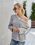 Gray Boat Neck Dropped Shoulder Sweater