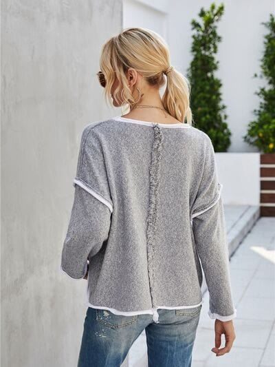 Gray Boat Neck Dropped Shoulder Sweater