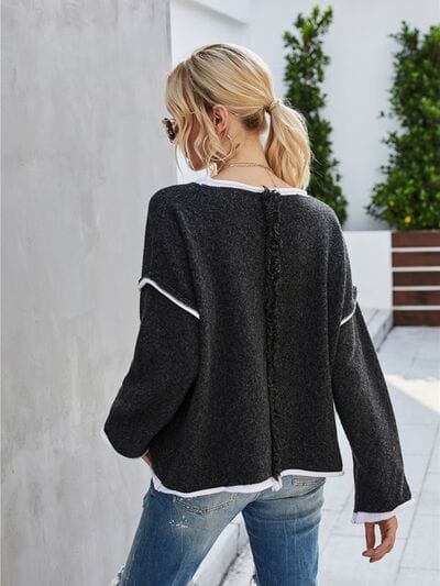 Gray Boat Neck Dropped Shoulder Sweater