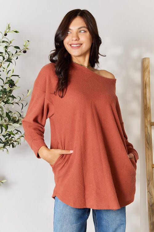 Light Gray BOMBOM Drop Shoulder Long Sleeve Blouse with Pockets