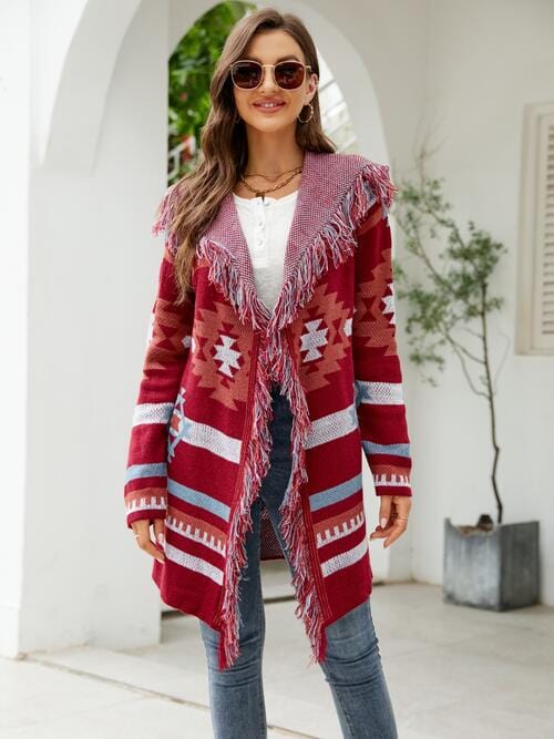 Light Gray Fringe Geometric Hooded Long Sleeve Cardigan