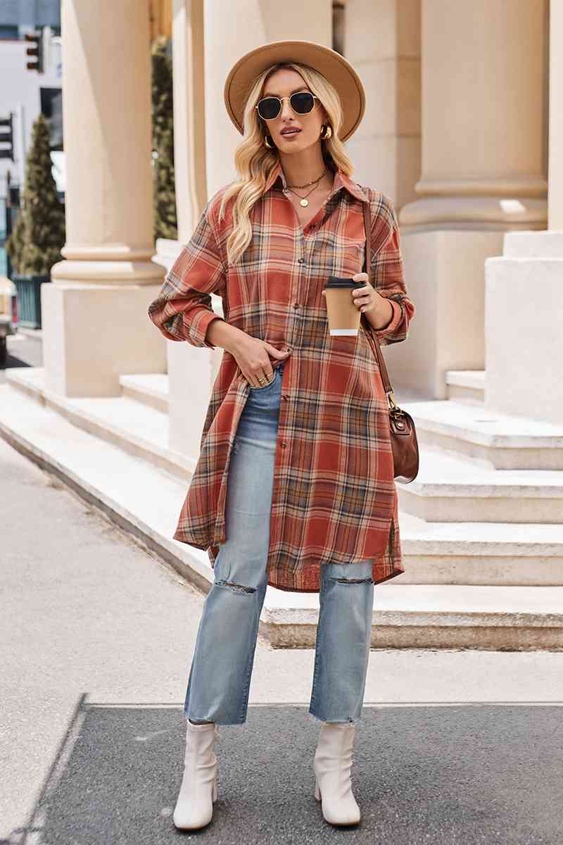 Gray Plaid Collared Neck Long Sleeve Coat