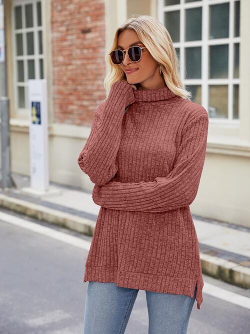 Dark Gray Ribbed Turtleneck Long Sleeve Slit Knit Top