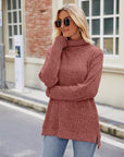 Dark Gray Ribbed Turtleneck Long Sleeve Slit Knit Top