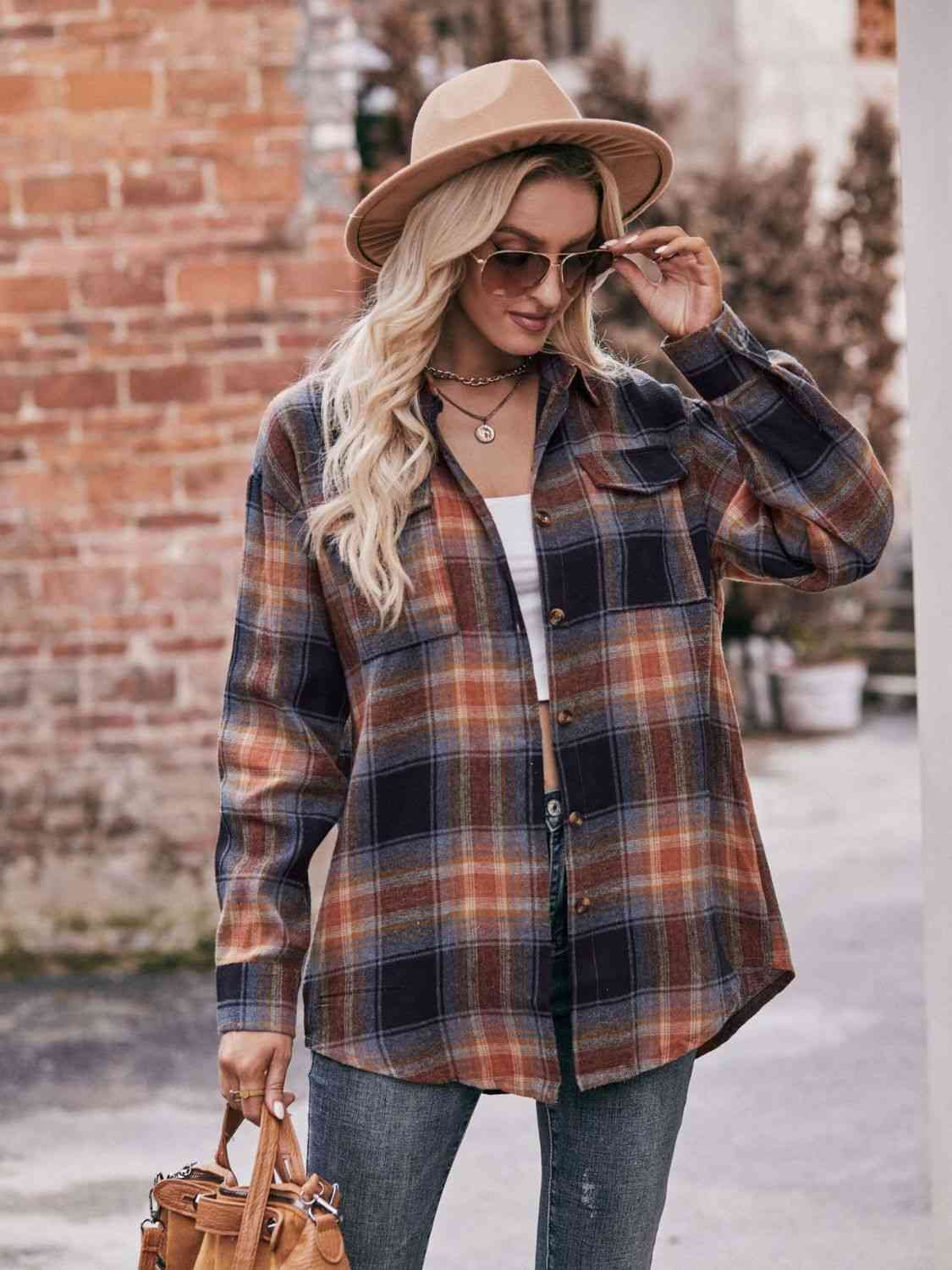 Rosy Brown Plaid Dropped Shoulder Longline Shirt