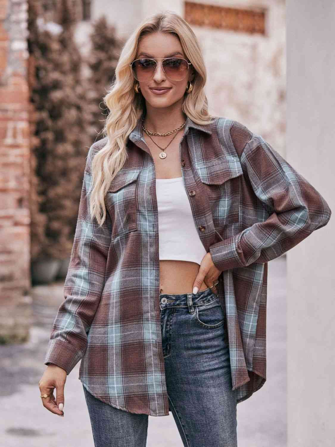 Rosy Brown Plaid Dropped Shoulder Longline Shirt