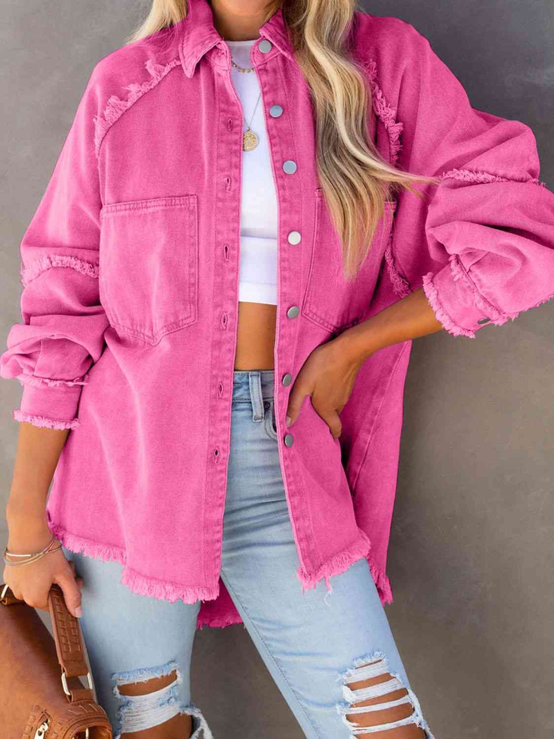 Pale Violet Red Button Down Raw Hem Denim Jacket