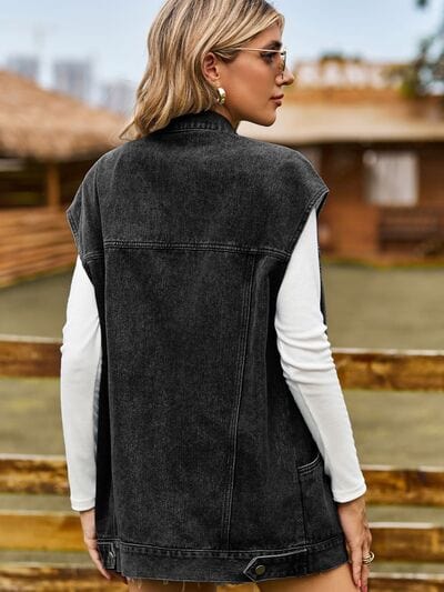 Dark Slate Gray Button Up Collared Neck Sleeveless Denim Jacket