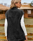 Dark Slate Gray Button Up Collared Neck Sleeveless Denim Jacket