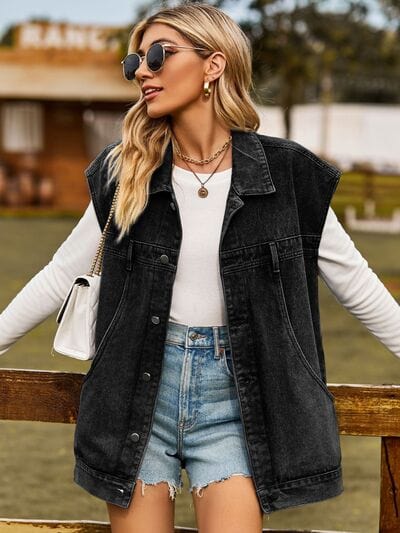 Dark Slate Gray Button Up Collared Neck Sleeveless Denim Jacket