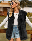 Dark Slate Gray Button Up Collared Neck Sleeveless Denim Jacket