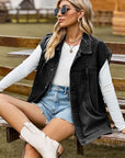 Dim Gray Button Up Collared Neck Sleeveless Denim Jacket