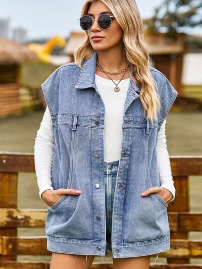 Dark Gray Button Up Collared Neck Sleeveless Denim Jacket