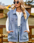 Dark Gray Button Up Collared Neck Sleeveless Denim Jacket