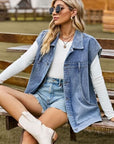 Dark Gray Button Up Collared Neck Sleeveless Denim Jacket