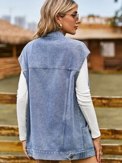 Light Slate Gray Button Up Collared Neck Sleeveless Denim Jacket