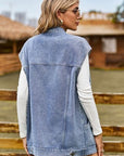 Light Slate Gray Button Up Collared Neck Sleeveless Denim Jacket