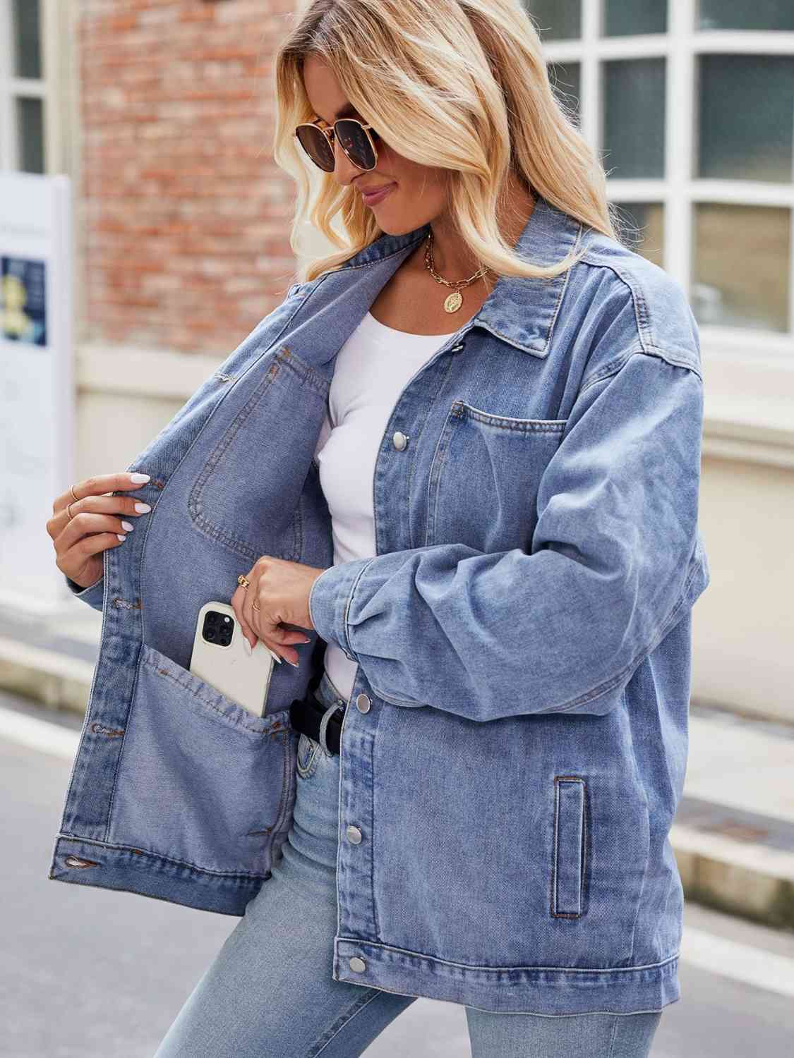 Dark Gray Button Up Denim Jacket with Pockets