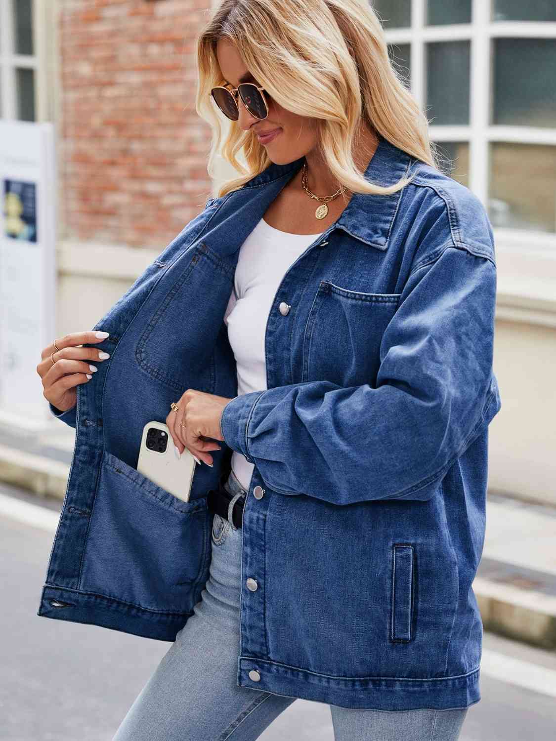 Dark Slate Gray Button Up Denim Jacket with Pockets