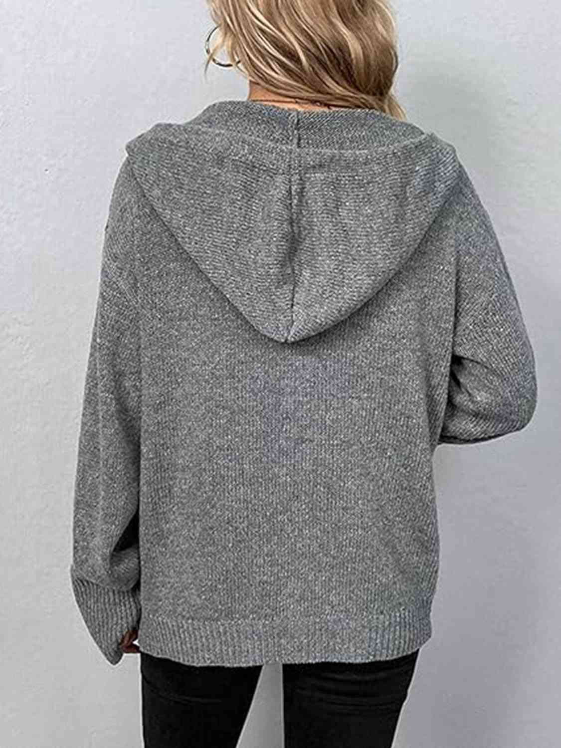 Light Slate Gray Button Up Drawstring Long Sleeve Hooded Cardigan