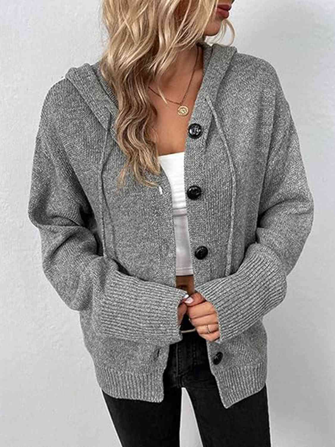 Dark Gray Button Up Drawstring Long Sleeve Hooded Cardigan