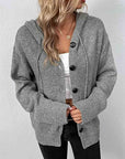 Dark Gray Button Up Drawstring Long Sleeve Hooded Cardigan