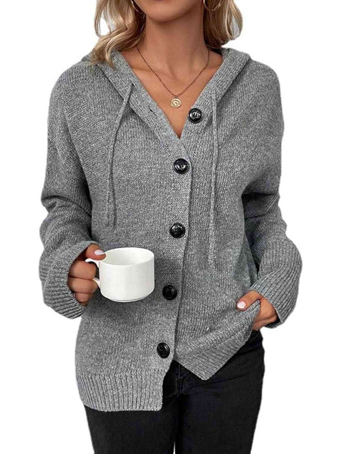 Dim Gray Button Up Drawstring Long Sleeve Hooded Cardigan