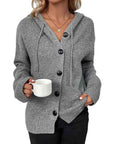 Dim Gray Button Up Drawstring Long Sleeve Hooded Cardigan