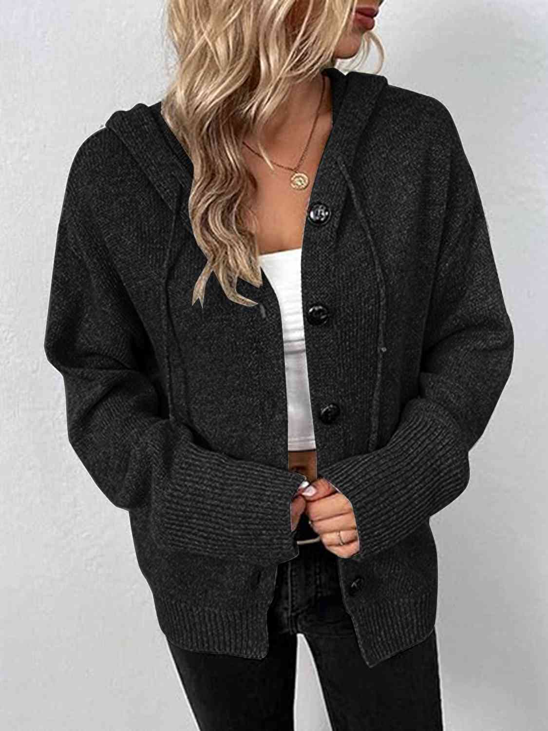 Dark Slate Gray Button Up Drawstring Long Sleeve Hooded Cardigan