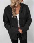 Dark Slate Gray Button Up Drawstring Long Sleeve Hooded Cardigan