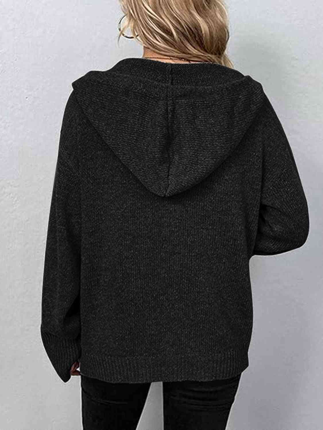 Black Button Up Drawstring Long Sleeve Hooded Cardigan