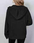 Black Button Up Drawstring Long Sleeve Hooded Cardigan