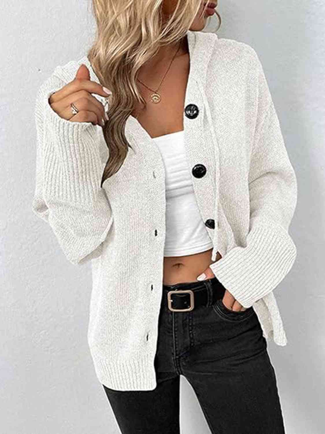 Light Gray Button Up Drawstring Long Sleeve Hooded Cardigan