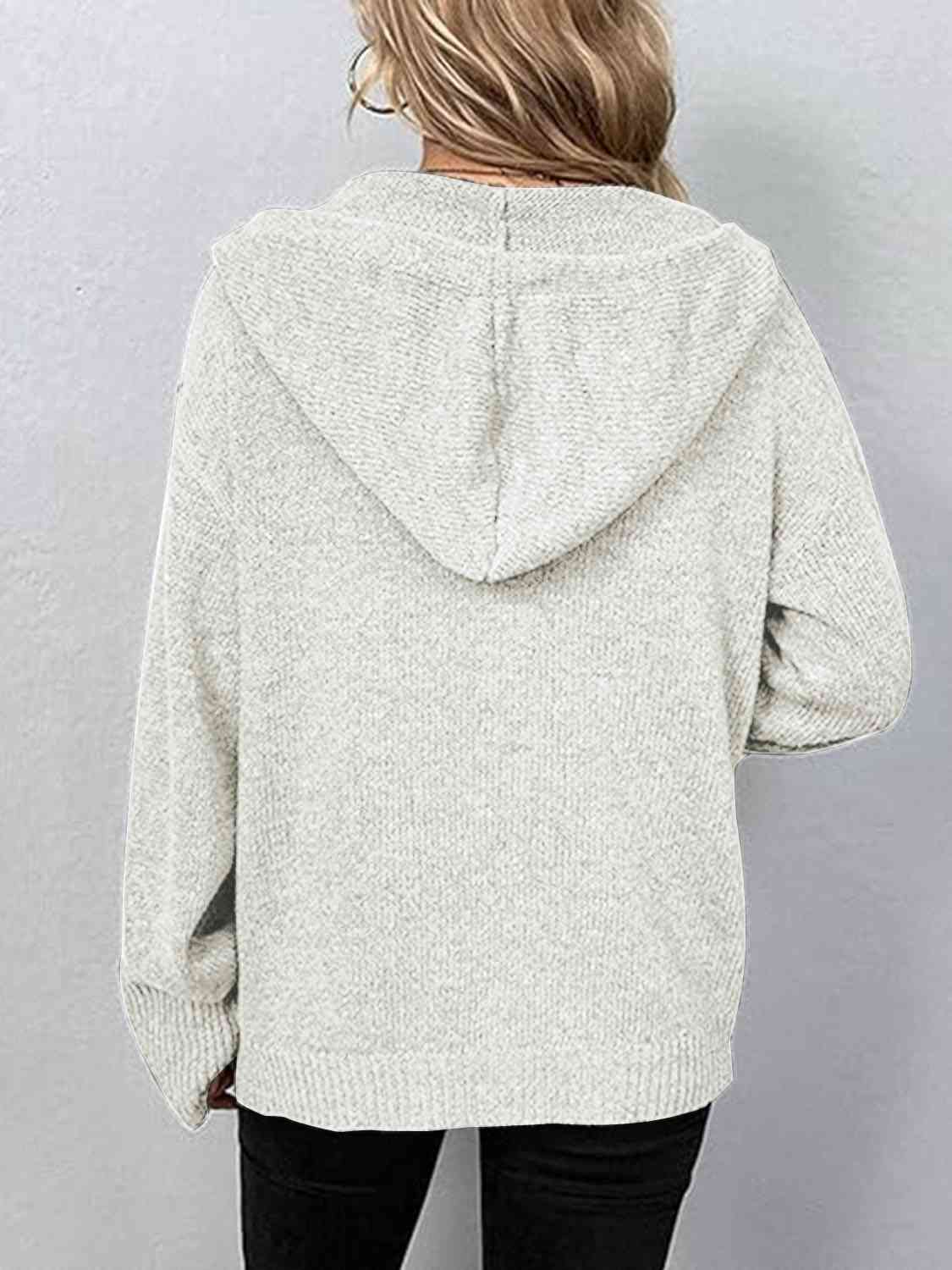 Light Gray Button Up Drawstring Long Sleeve Hooded Cardigan