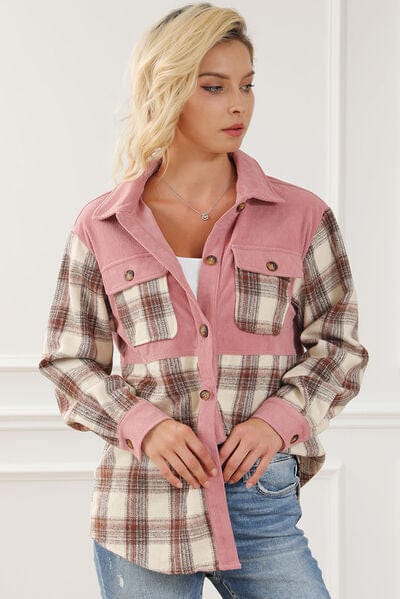 Light Gray Button Up Plaid Collared Neck Jacket