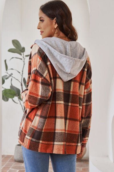 Gray Button Up Plaid Hooded Jacket