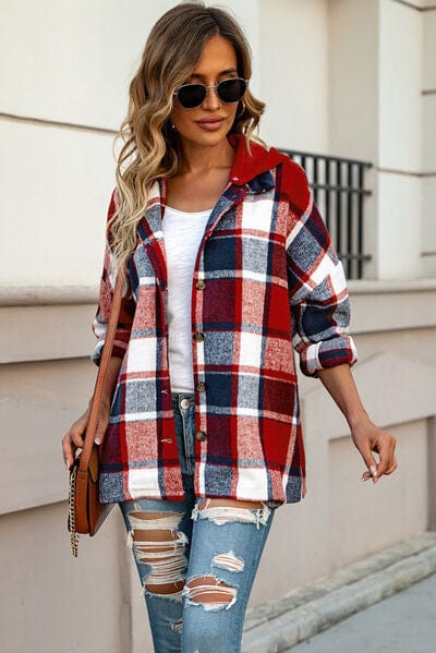 Gray Button Up Plaid Hooded Jacket