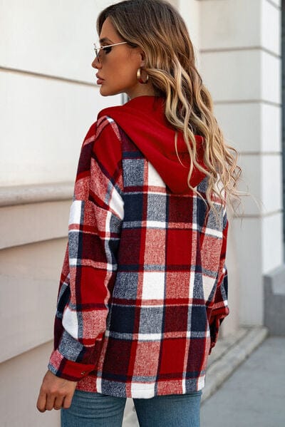 Gray Button Up Plaid Hooded Jacket